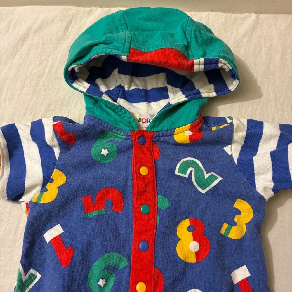 Vintage Gymboree Newborn Romper Hooded Number Print Blue Red‎ Yellow 90s Cotton